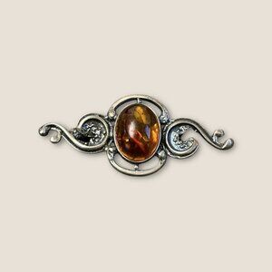 Vintage Estate Sterling Silver Brooch With Amber Cabochon